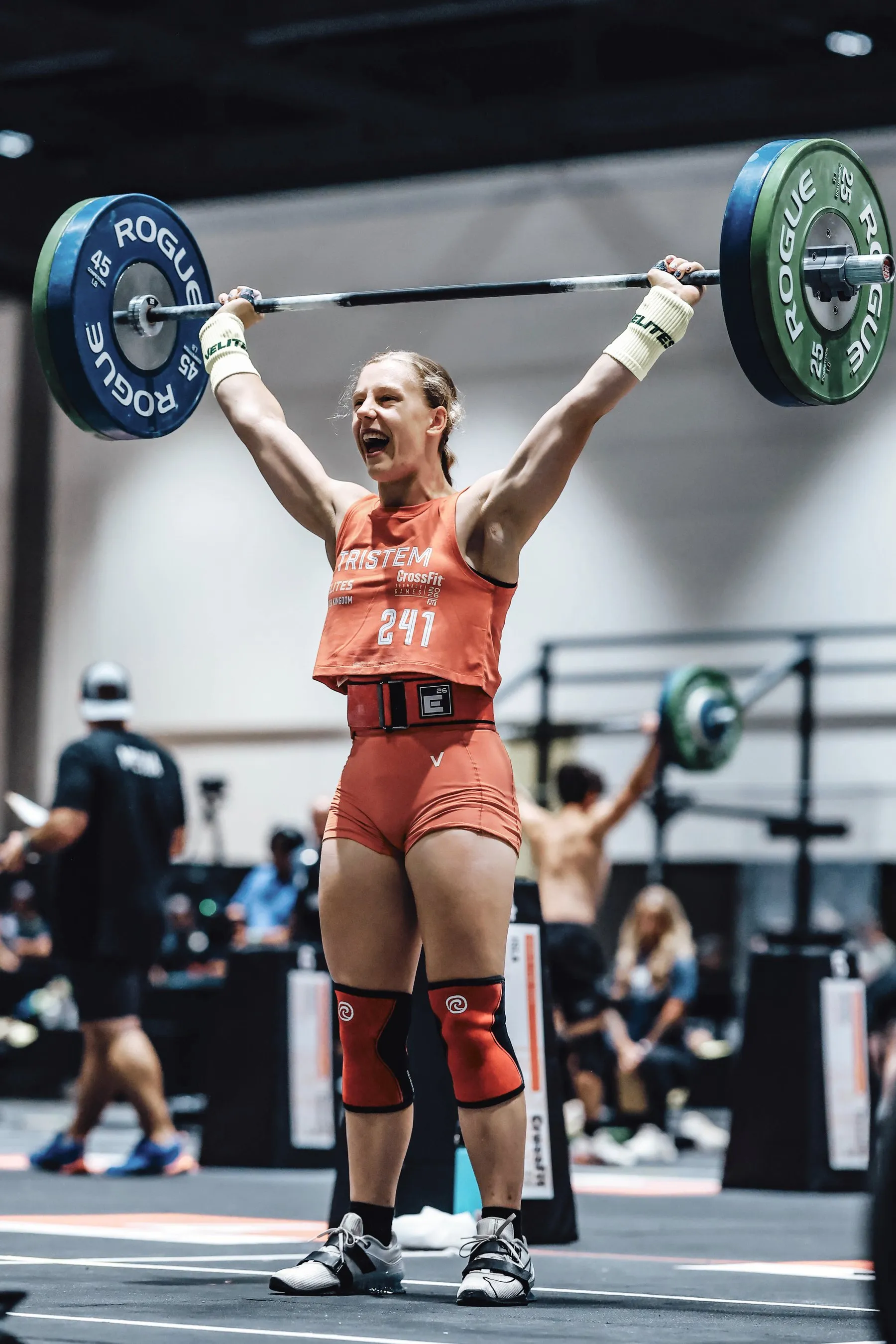 Lucy locked out overhead with a 165 lb snatch on the Teen Games floor, San Jose 2026